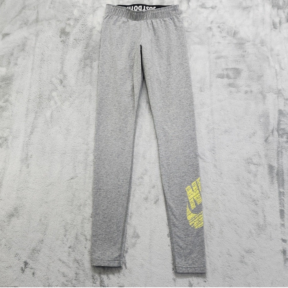 Nike Leggings Womens XS Heather Gray Yellow Logo Leg-A-See Fold Over Waistband